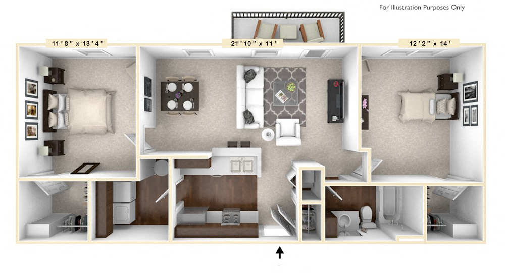 Floor plan for 2 beds, 1 bath, 954 sqft